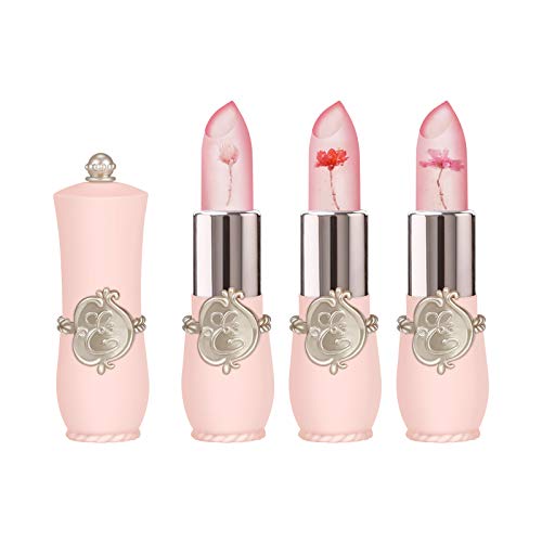 Richaa 3 Piezas Jelly Pintalabios , Lápiz Labial Mate Larga Duración Nutritivo Transparente Lipstick con Flor para Mujer