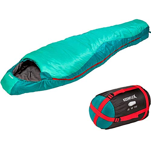 Saco de dormir KeenFlex tipo momia para 3-4 estaciones extra cálido y ligero, compacto, resistente al agua y con control de calor avanzado – ideal para festivales o hacer camping (Verde)