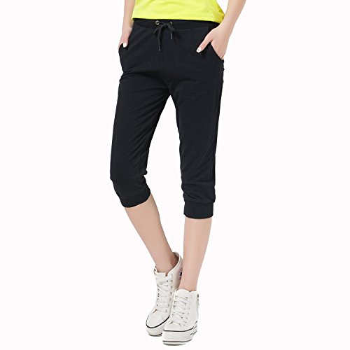 SEEU Mujer Pantalones Deportivos de 3/4 Pantalones Dreiviertel Pantalones Capri Pantalones de Entrenamiento con puños, Todo el año, Mujer, Color Negro, tamaño Medium