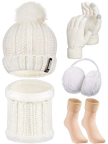 Set de Gorro Bufanda Guantes Orejeras Calcetines de Mujeres Kit de Excursión Esquí de Invierno, Blanco, 5 Piezas (Blanco)