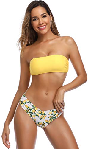 SHEKINI Bikini con Cuello Redondo y Top de Tubo Dividido para Mujer Que Imprime Traje de baño Cruzado en Forma de V de Cruz en Forma de V (M, Amarillo)