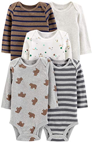 Simple Joys by Carter's - Body de manga larga para bebé, 5 unidades ,Bears/Animals Green/Stripes ,6-9 Meses