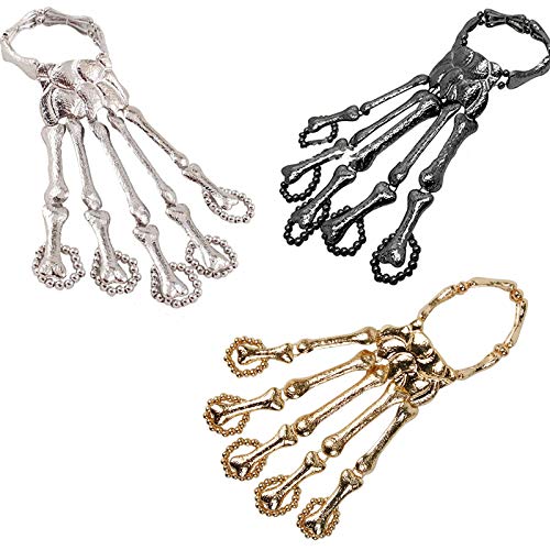 Skull Skeleton Hand Bracelet with Ring - Hand Bone Palm Skeleton Ghost Paw Bracelet, Gothic Finger Metal Skeleton Slave Bracelet Ring for Women Men Gifts (1 set)