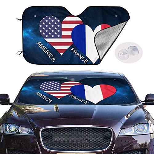 Sombrilla para Coche América Francia Bandera Corazón Parabrisas Delantero Sombrilla para Camioneta SUV Mantenga Su Vehículo Fresco 51x27.5 Pulgadas