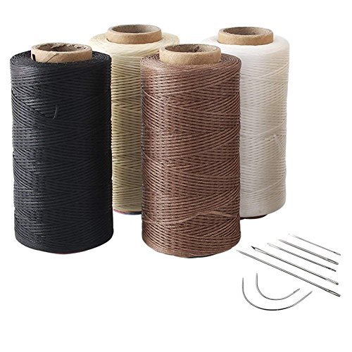 SONGER Cuero Encerado Plano de 260 m 0,8 mm 150D con 1 Juego de 7 Agujas curvadas para tapicer¨ªa y Costura de Cuero con Rosca Encerada, 4pcs(White+Dark Brown+Beige+Black)