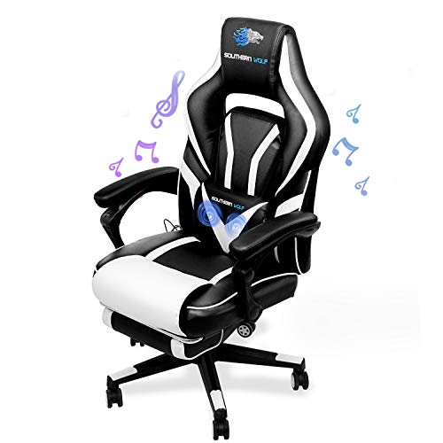 SOUTHERN WOLF Silla Gaming, Silla Gamer con soporte lumbar para masaje, Silla de Trabajo con Bluetooth, Silla reclinable oficina ejecutiva con reposapiés retráctil, para Los Jugadores de PC Gamer