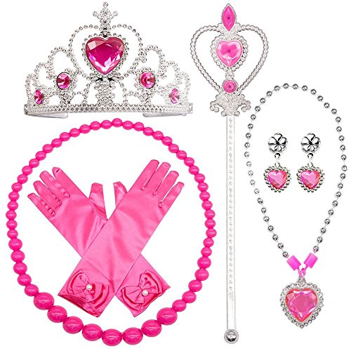 SPECOOL Gilrs Princess Dress up Accesorios 6 Piezas Juego de Regalo Princess Gloves, Tiara Crown and Wand, Collares para niños (Rosa)