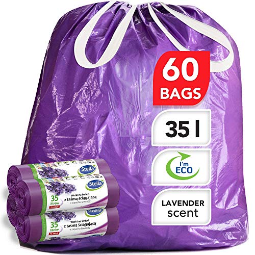 Stella pack bolsas de basura ultrarresistentes y flexibles [60 unidades] Ecológicas y Reciclables - Hechas de plástico de desecho [Aroma de lavanda y color morado - Tipo de cordón - 35 Litros]
