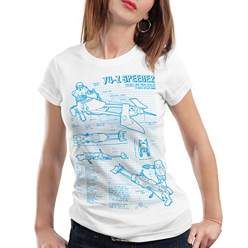 style3 74-Z Moto deslizadora Camiseta para Mujer T-Shirt Fotocalco Azul Endor Bike, Color:Blanco;Talla:L