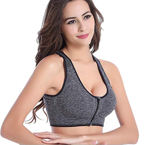 Sujetador Deportivo de Apoyo inalámbrico, Sujetador de Espalda Cruzada con Cremallera Frontal de Alto Impacto Sujetadores Deportivos de Yoga Activo para Damas (Color : Gray, Size : M)