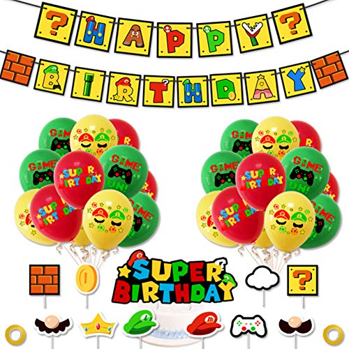 SUNSK Kit de Globos de Látex Redondo Banner de Happy Birthday adorno de torta para Super Mario Decoración para Fiestas de Cumpleaños 34 Piezas