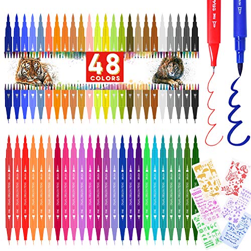 Supchamp Rotuladores Punta Pincel, 48 Colores de Pinceles Fine con 6 Plantillas de Dibujo Borrables, Bolígrafos para Colorear con Doble Punta Acuarelables, Garabatos Diario lettering