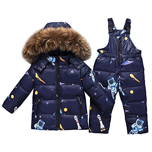 SXSHUN Bebés Traje de Nieve de Abajo Chaqueta con Capucha de Pelo + Peto con Cremallera Conjunto Caliente para Invierno, Azul Dibujo, 3 años (Etiqueta: 110cm)