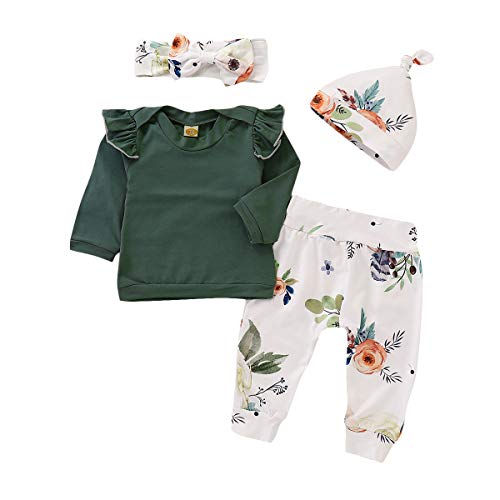 T TALENTBABY Recién nacido, niño pequeño, bebé, niña, con volantes, parte superior + pantalones florales + sombrero + cinta para la frente, conjuntos de ropa, regalos verde blanco 12-18 Meses