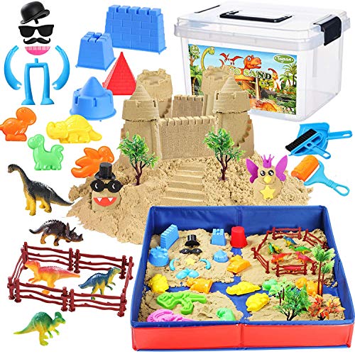 Tacobear Arena Mágica Arena Cinética Jugar Arena Juegos con 3lbs Play Sand Plegable Areneros Figuras de Dinosaurio Moldes de Arena Playa Juguetes de Arena DIY Juguete de Interior para Niños