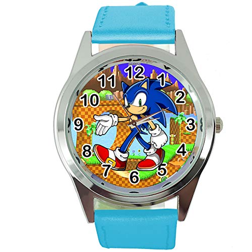 TAPORT® Reloj de cuarzo azul correa de cuero para los fans de Sonic el erizo