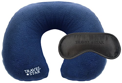 Travelstar: Hinchable Cuello cojín con Funda de Forro Polar (Azul Oscuro) Plus Dormir máscara (Negro) Plus Tapones