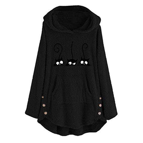 TUDUZ Sudadera con Capucha Mujer Jersey Acrílico Lana Gato Pijama Hoodie Botón Abrigo Cálido Talla Extra S-5XL (NegroB, XXXXXL)