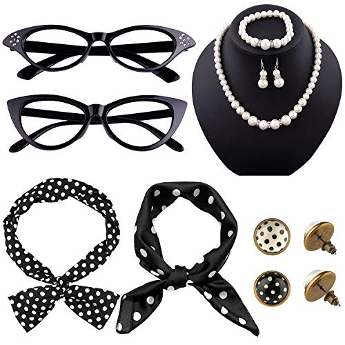 TUPARKA 12 piezas 50's Costume Accessories Set Incluye bufanda de gasa Gafas de ojo de gato Bandana Tie Diadema Pendientes Pulsera y collar de perlas artificiales