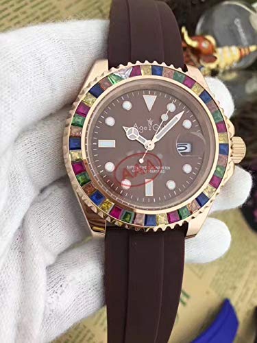 UEJDB Clásico Nuevos Hombres Automático Reloj Mecánico Negro Azul Goma Arco Iris Diamantes Rosa Oro Acero Inoxidable Zafiro Impermeable Café de Goma