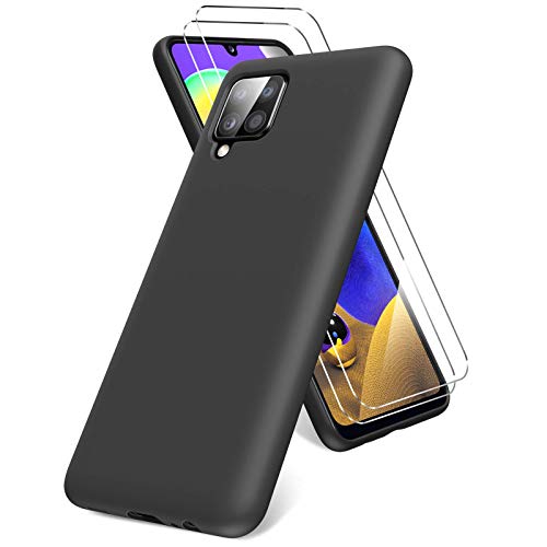 Vansdon Funda Compatible con Samsung Galaxy A12, 2 Unidades Protector Pantalla Cristal Templado, Silicona Líquida Gel Ultra Suave Funda- Negro