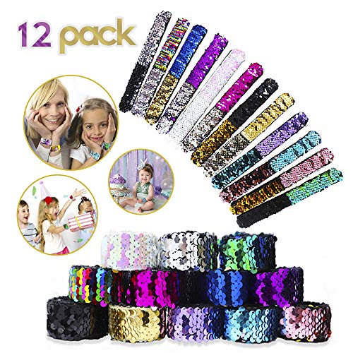 VCOSTORE Mermaid Slap Bracelets para niños, 12 Piezas Mermaid Party Supplies Reversible Charm Lequins Soft Velet Flip Wristband Decoración Elegante