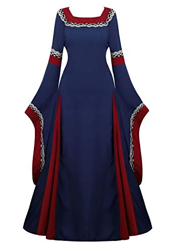 Vestido Medieval Renacimiento Mujer Vintage Victoriano gotico Manga Larga de Llamarada Disfraz Princesa Azul Oscuro S