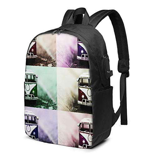 WEQDUJG Mochila Portatil 17 Pulgadas Mochila Hombre Mujer con Puerto USB, Coche de autobús Antiguo Pop Art Mochila para El Laptop para Ordenador del Trabajo Viaje