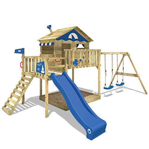 WICKEY Parque infantil de madera Smart Coast con columpio y tobogán azul, Casa de juegos de jardín con arenero y escalera para niños