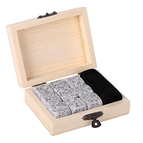 Wine Chiller Stones, 9Pcs Whisky Wine Chilling Stones Set Bar Home Drink Chiller Stones Rocks Wooden Box Packaging (Sesame White)