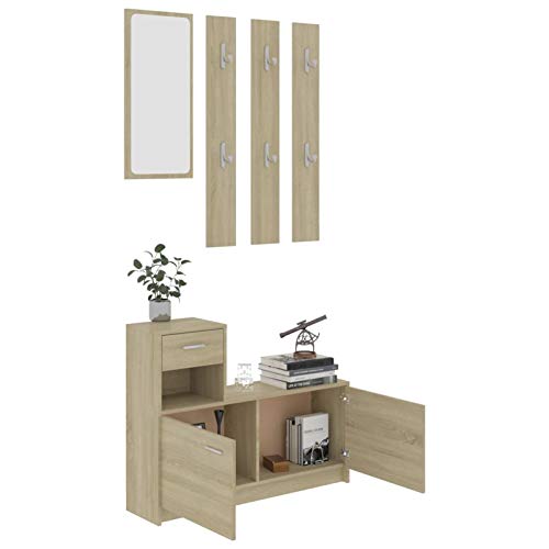 WooDlan Recibidor | Mueble de Entrada | Juego de Muebles de recibidor con Espejo + Percha de Pared, Acabado en Color Roble Sonoma, Medidas: 100x25x76,5 cm