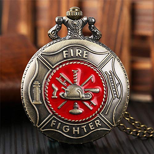 XVCHQIN Collar de Bombero de Cuarzo de Bronce de Cobre de Moda para Hombre, Reloj de Bolsillo con Colgante de Cadena de Cazador Completo Retro, Regalo Informal, Rojo