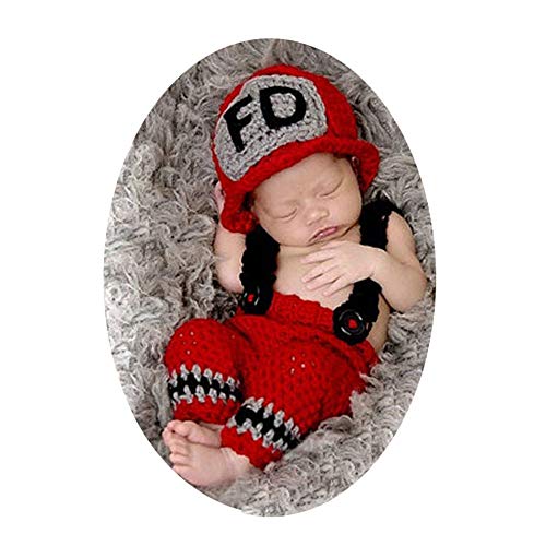 Yishelle Nacido Bebé Prop Trajes para fotografía Ropa, Unisex Newborn Boys Fotografía Prop Crochet Bombero Bombero Sombrero Pantalones Adecuado Tanto para la niña como para el bebé (Color : Rojo)