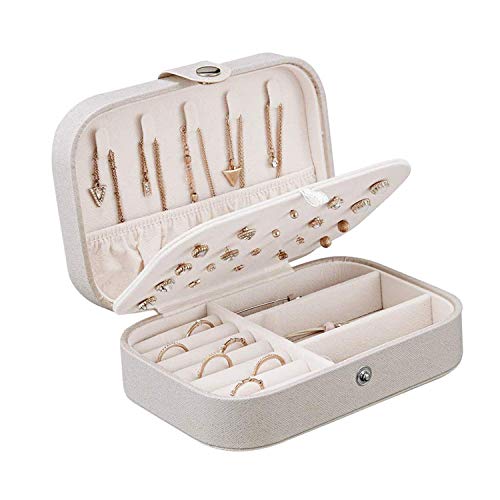 Young & Ming Joyero Pequeña de Viaje Caja de Joyería de Mujer Organizador de Joyerías con Hebilla Caja de Almacenamiento para Anillos Aretes Pendientes Pulseras y Collares, Blanco Nacarado