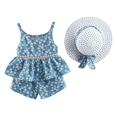 YWLINK Conjuntos NiñA,Top Sin Mangas Manga Corta con Camiseta Volantes Y Estampado Floral+Pantalones Cortos+Sombrero De Paja Conjunto De 3 Piezas Lindo Vestido De Fiesta(Azul Claro,12-18 meses/90cm)