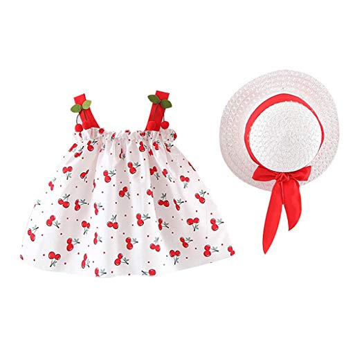 YWLINK NiñAs 2PC Verano Vestido Sin Mangas con Estampado De Cereza con Volantes Vestido De Princesa+Sombrero De Paja Lindo Ropa De NiñOs Muy Bonito Regalo(Rojo,12-18 Months/80/7/8)