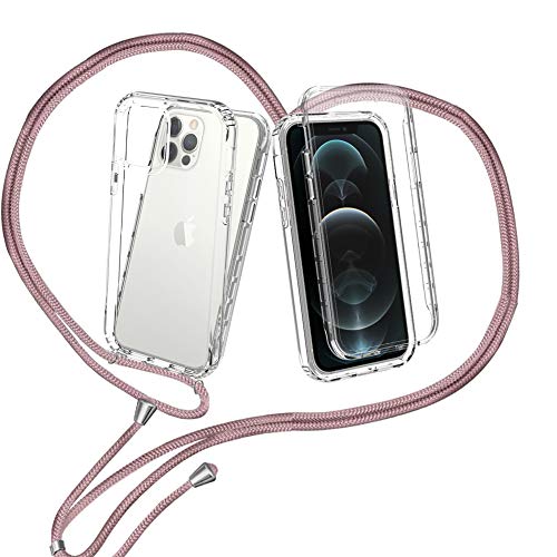 ZHXMALL Funda con Cuerda para iPhone 12/12 Pro 6.1'',360 Grados Ajustable Collar Transparente Carcasa,Anti-Choque PC Duro Delantera TPU Bumper Trasera Cadena Cordón Case Protectora Cover,Oro Rosa