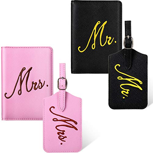 2 Piezas Mr y Mrs Etiquetas de Equipaje de Novia y Fundas de Pasaportes (Rosa, Negro)