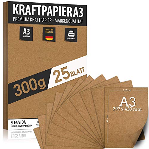 25 fogli di carta kraft A3-300 g - 29,7 x 42 cm - Formato ESATTO DIN, carta artigianale di cartone naturale Fogli di cartone kraft per la confezione di carta per regali ed etichette di nozze vintage