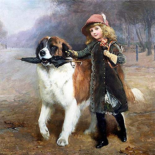 5D Diamond Painting By Digital Painting Kit DIY Pintura al óleo Obra adecuada para la decoración de la pared del hogar Diamante redondo Paraguas Chica Perro 35x35cm