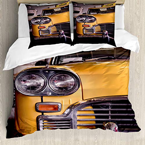 ABAKUHAUS Nueva York Funda Nórdica, Taxi Amarillo Antiguo, Decorativo, 3 Piezas con 2 Funda de Almohada, 155 x 220 cm, Gris Amarillo