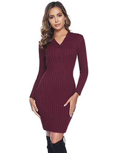 Abollria Vestido a Punto Elegante Vestido de Suéter Delgado para Mujer Clásico Jerséy de Manga Larga Sexy Cuello V para Otoño Invierno