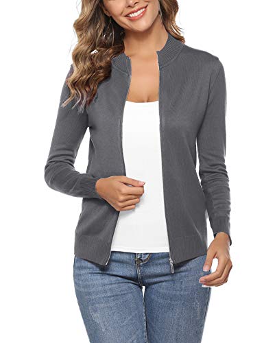 Aibrou Cárdigan de Punto para Mujer,Rebeca Chaqueta de Punto Mujer con Cremallera,Cuello Alto,Abrigo Suéter (Gris, XL)