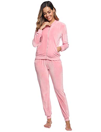 Akalnny Chándal Conjunto Mujer de Terciopelo Informal Pijamas Trajes Chaquetas de Manga Larga con Cremallera + Pantalones de Cintura Alta Rosa