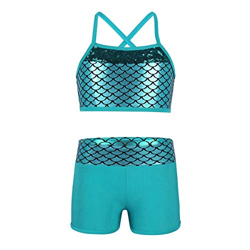 Alvivi 2Pcs Ropa Deporte con Lentejuelas Camisa Tirantes Tank Top Niña Gimnasia Pantalones Cortos Deportivos para Ejercicio Fitness Bikini Niña Lago Azul 6 Años