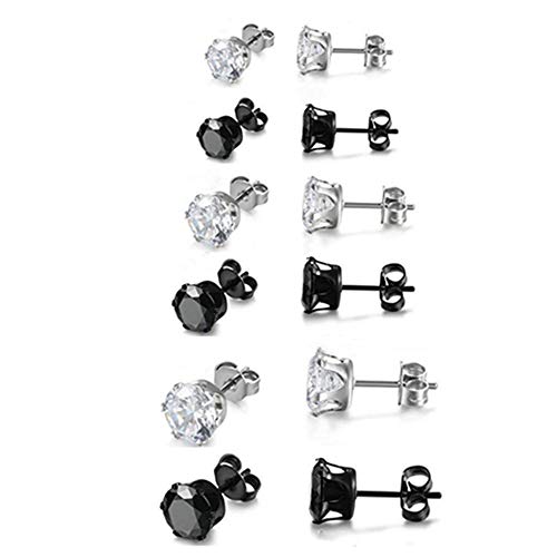 Amery 6 Pares 3-8MM Acero Inoxidable Pendientes Hombre Mujer Niña Circonita Redondos Cristal Pequeños Brillantes Zirconia Pendientes Aretes Piercing Oreja Pendiente Hombre Mujer Diamante Plata Negro