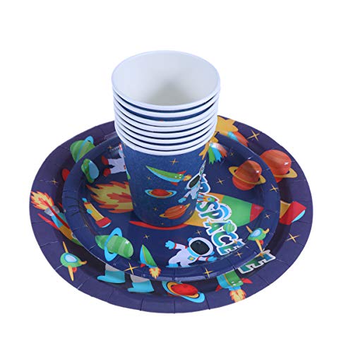 Amosfun Platos de Papel Desechables Taza Espacio Astronauta Espacio Tema Fiesta vajilla para Boda Fiesta de cumpleaños 24 Piezas