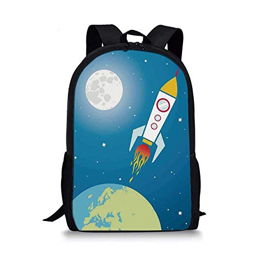 AOOEDM Backpack - Mochila Escolar con Estilo para niños, Cohete, Astronauta, Nave Espacial, lanzadera, Universo, Viaje, Luna, Estrellas y Tierra, Decorativa para niños, 11 'L x 5' W x 17 'H