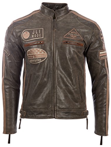 Aviatrix Chaqueta Biker De Cuero Autentico para Hombre con Cuello De Banda y Distintivos De Moto (CXUS)