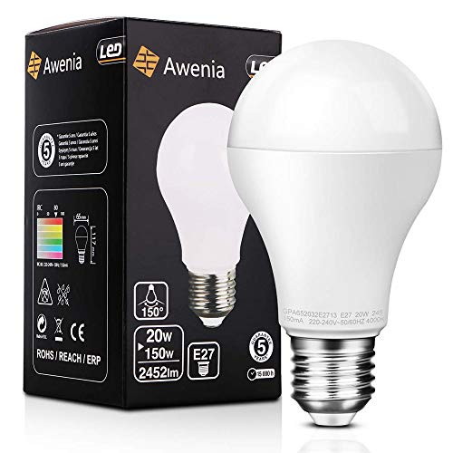Awenia Bombilla LED Esférica E27 20W (Equivalente a 150W), Luz LED 4000K 2452 Lúmenes Blanco Neutro,1 Pack